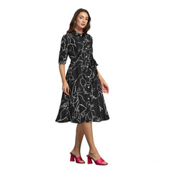 Mayawye Women's Ruby Cotton Printed Shirt Collar 3-4th Sleeve Dress (Black)