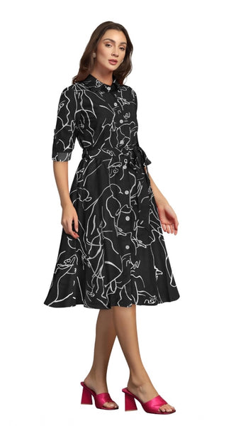 Mayawye Women's Ruby Cotton Printed Shirt Collar 3-4th Sleeve Dress (Black)