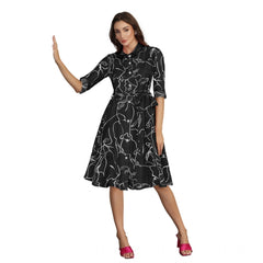 Mayawye Women's Ruby Cotton Printed Shirt Collar 3-4th Sleeve Dress (Black)