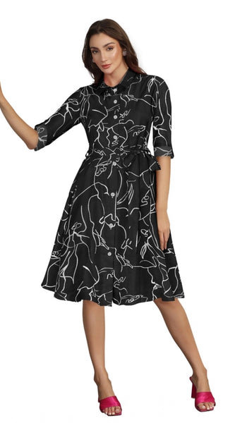 Mayawye Women's Ruby Cotton Printed Shirt Collar 3-4th Sleeve Dress (Black)