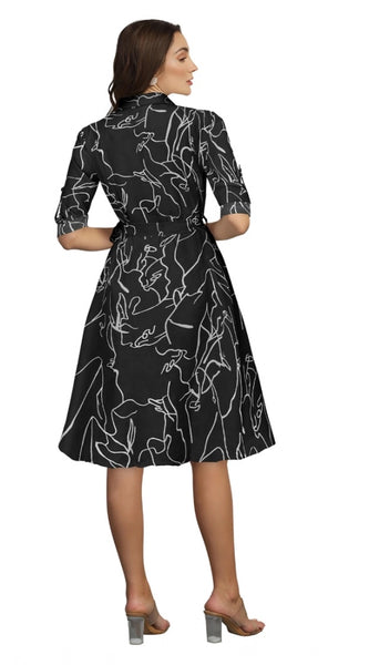Mayawye Women's Ruby Cotton Printed Shirt Collar 3-4th Sleeve Dress (Black)