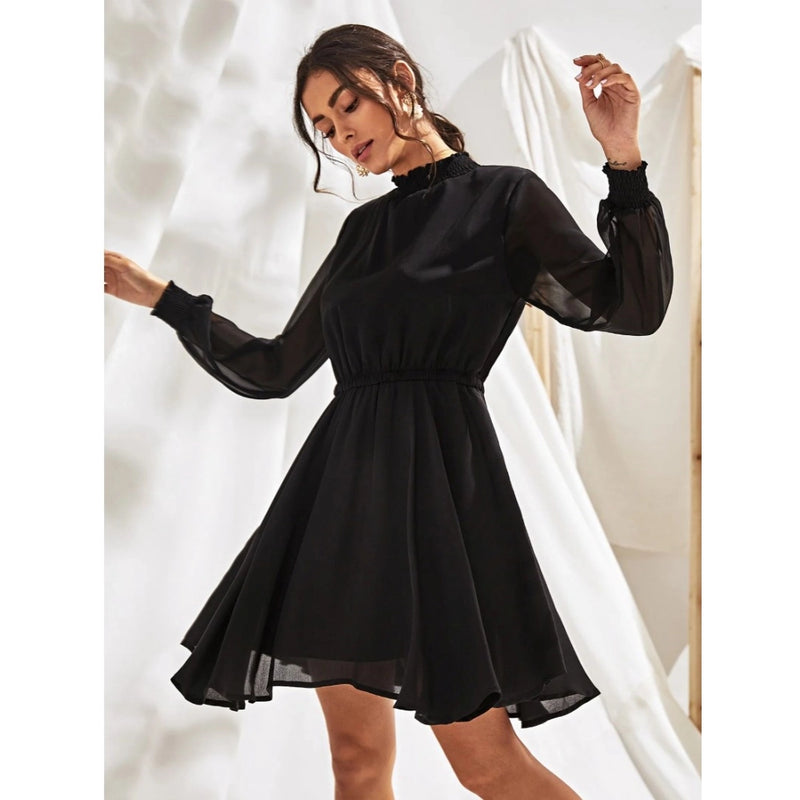Mayawye Women's Fox Georgette Solid High Neck Full Sleeve Dress (Black)
