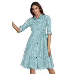 Mayawye Women's Ruby Cotton Printed Shirt Collar 3-4th Sleeve Dress (Pista)