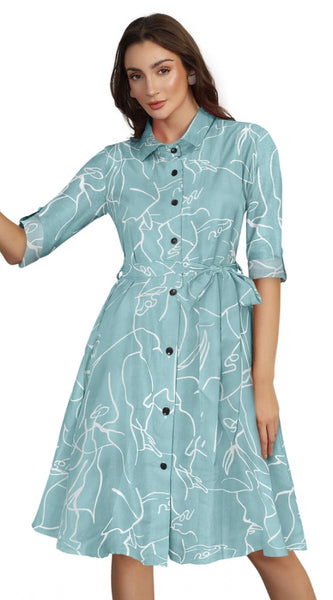 Mayawye Women's Ruby Cotton Printed Shirt Collar 3-4th Sleeve Dress (Pista)