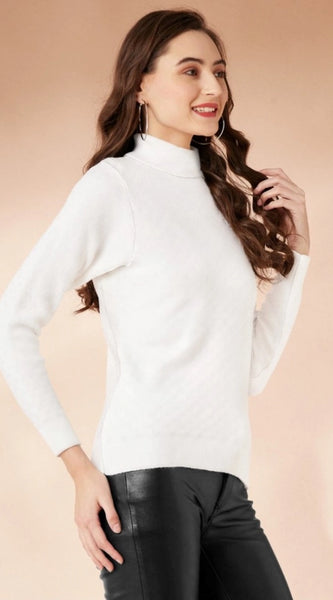 Mayawye Women's Polyester Solid High Neck Full Sleeve T-Shirt (White)