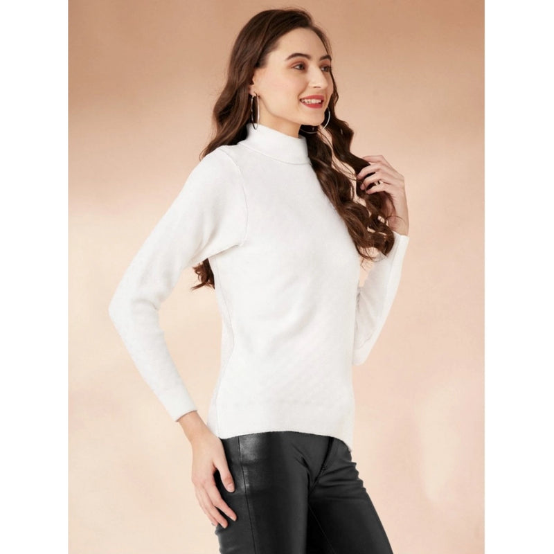 Mayawye Women's Polyester Solid High Neck Full Sleeve T-Shirt (White)