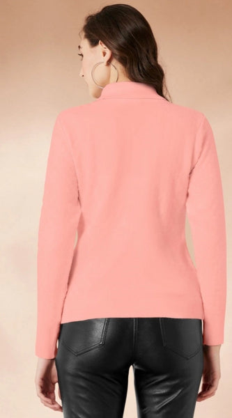 Mayawye Women's Polyester Solid High Neck Full Sleeve T-Shirt (Peach)