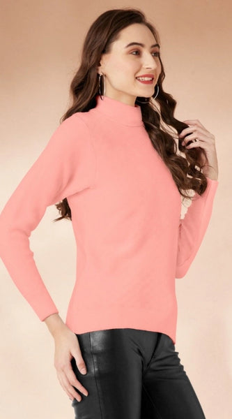 Mayawye Women's Polyester Solid High Neck Full Sleeve T-Shirt (Peach)