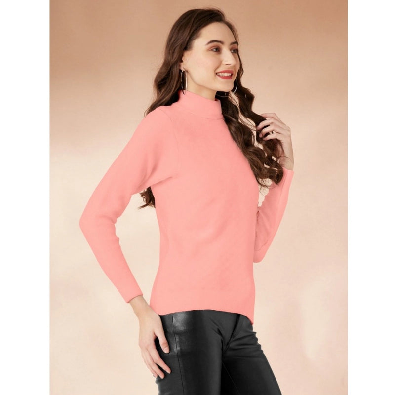 Mayawye Women's Polyester Solid High Neck Full Sleeve T-Shirt (Peach)