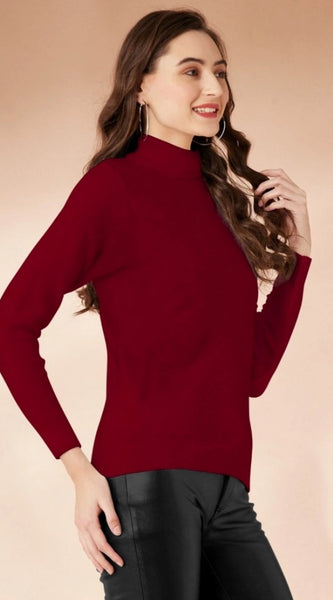 Mayawye Women's Polyester Solid High Neck Full Sleeve T-Shirt (Maroon)