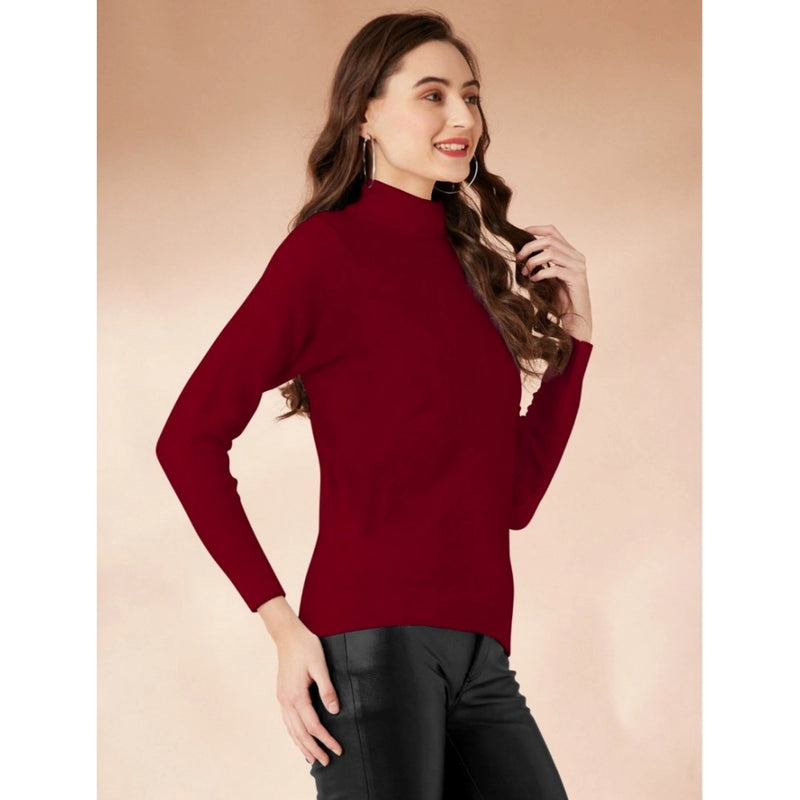 Mayawye Women's Polyester Solid High Neck Full Sleeve T-Shirt (Maroon)
