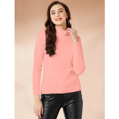 Mayawye Women's Polyester Solid High Neck Full Sleeve T-Shirt (Peach)