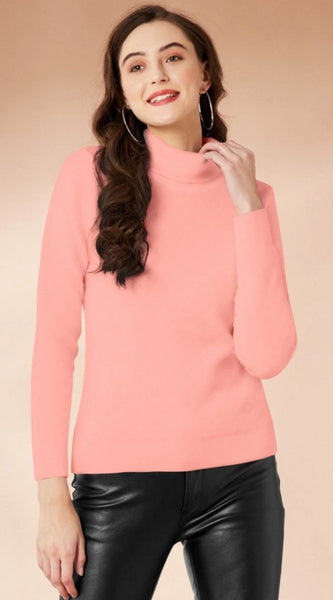 Mayawye Women's Polyester Solid High Neck Full Sleeve T-Shirt (Peach)
