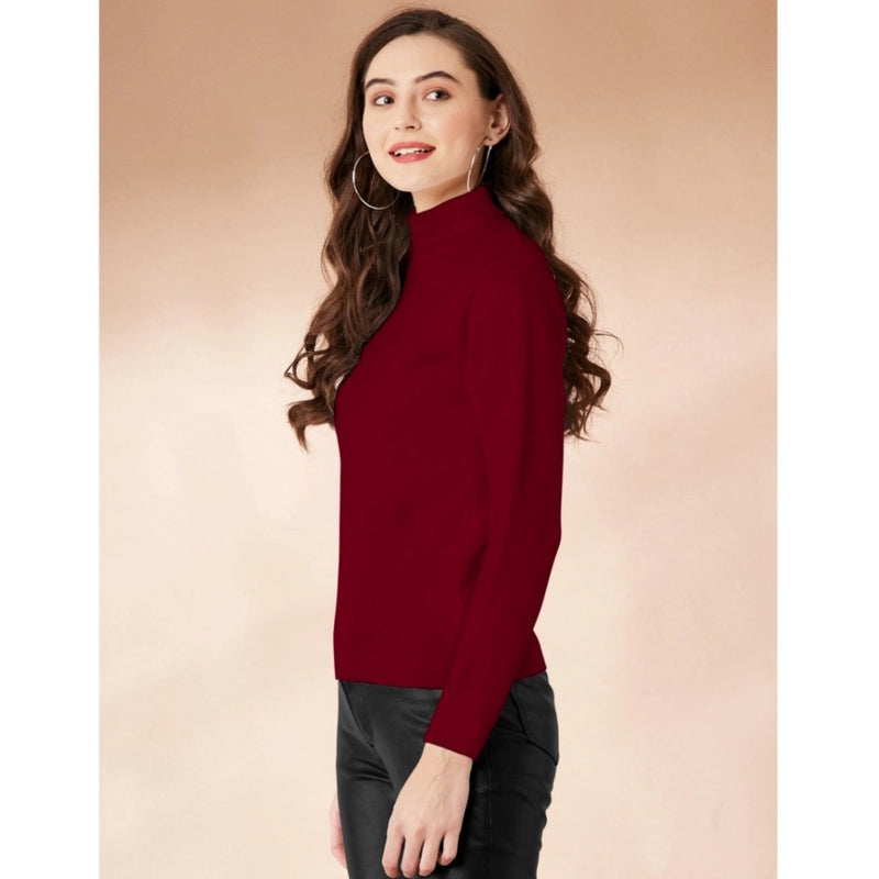 Mayawye Women's Polyester Solid High Neck Full Sleeve T-Shirt (Maroon)