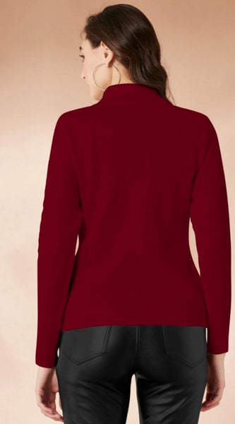 Mayawye Women's Polyester Solid High Neck Full Sleeve T-Shirt (Maroon)