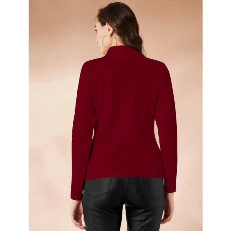 Mayawye Women's Polyester Solid High Neck Full Sleeve T-Shirt (Maroon)