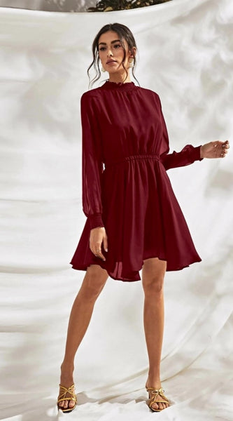 Mayawye Women's Fox Georgette Solid High Neck Full Sleeve Dress (Maroon)