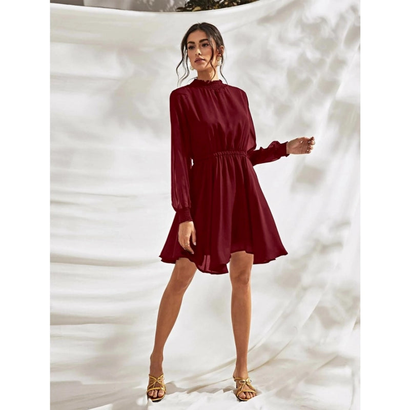 Mayawye Women's Fox Georgette Solid High Neck Full Sleeve Dress (Maroon)