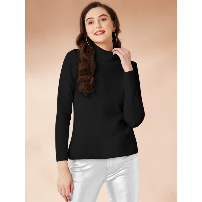 Mayawye Women's Polyester Solid High Neck Full Sleeve T-Shirt (Black)
