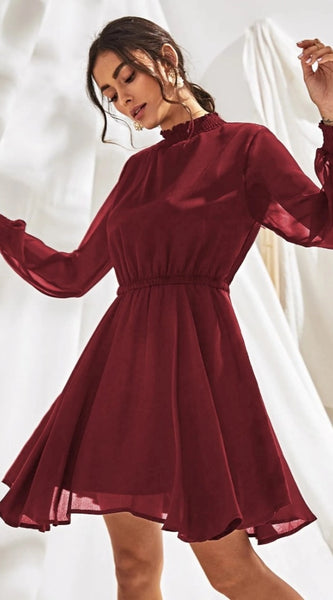 Mayawye Women's Fox Georgette Solid High Neck Full Sleeve Dress (Maroon)