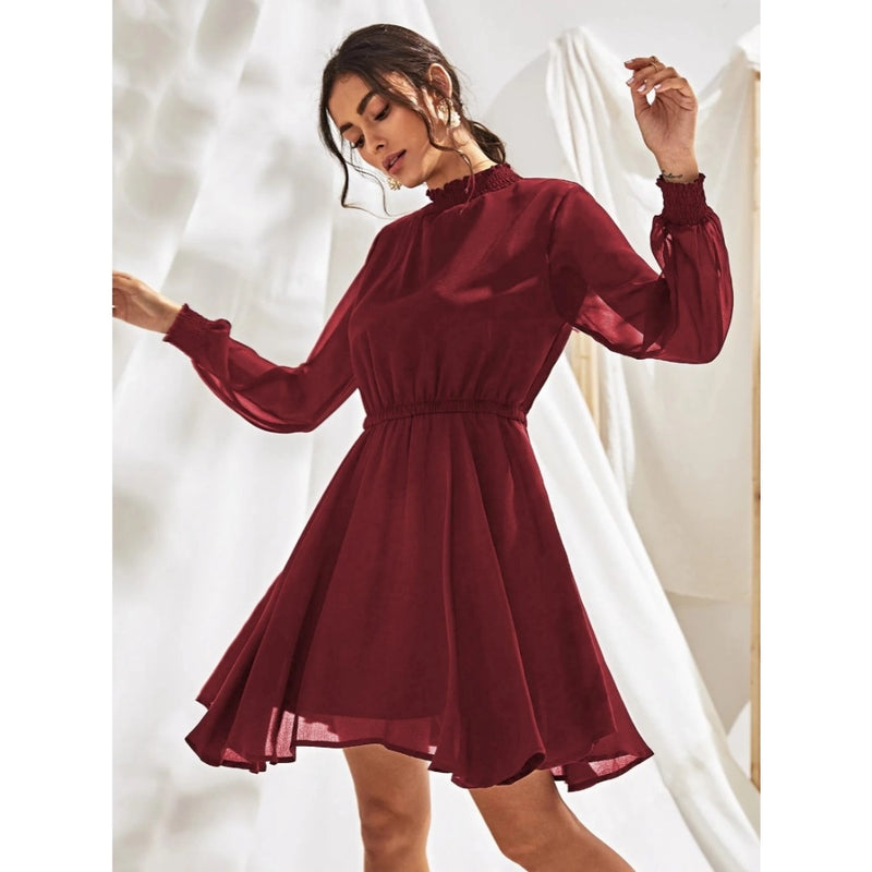 Mayawye Women's Fox Georgette Solid High Neck Full Sleeve Dress (Maroon)