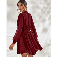 Mayawye Women's Fox Georgette Solid High Neck Full Sleeve Dress (Maroon)