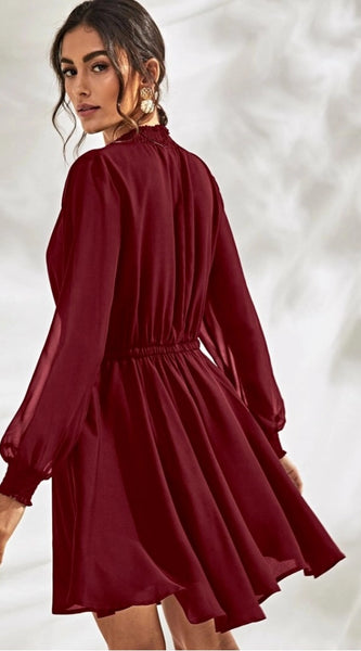 Mayawye Women's Fox Georgette Solid High Neck Full Sleeve Dress (Maroon)