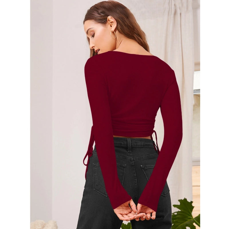 Mayawye Women's Polyester Solid Round Neck Full Sleeve Top (Maroon)