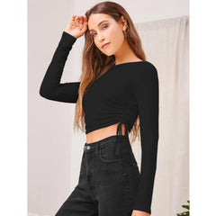 Mayawye Women's Polyester Solid Round Neck Full Sleeve Top (Black)