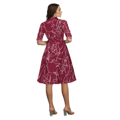 Mayawye Women's Ruby Cotton Printed Shirt Collar 3-4th Sleeve Dress (Maroon)
