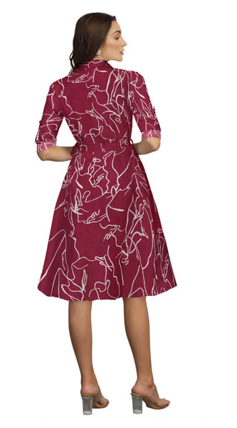 Mayawye Women's Ruby Cotton Printed Shirt Collar 3-4th Sleeve Dress (Maroon)