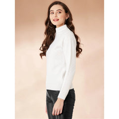 Mayawye Women's Polyester Solid High Neck Full Sleeve T-Shirt (White)