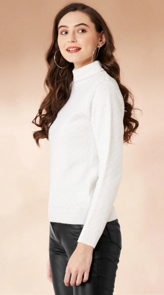 Mayawye Women's Polyester Solid High Neck Full Sleeve T-Shirt (White)