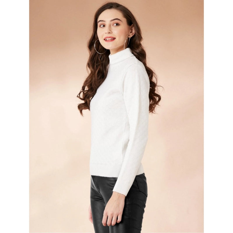 Mayawye Women's Polyester Solid High Neck Full Sleeve T-Shirt (White)