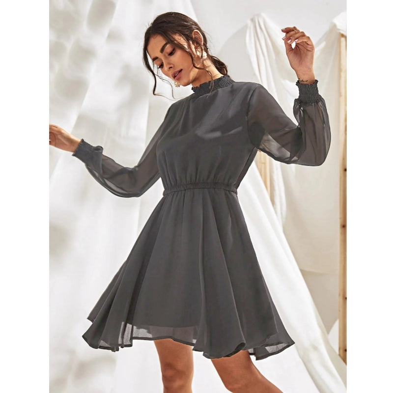Mayawye Women's Fox Georgette Solid High Neck Full Sleeve Dress (Grey)