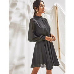 Mayawye Women's Fox Georgette Solid High Neck Full Sleeve Dress (Grey)