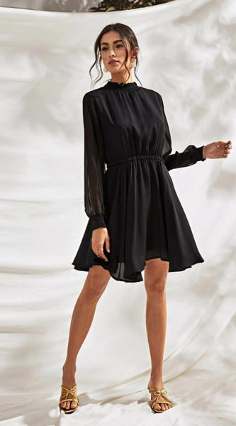 Mayawye Women's Fox Georgette Solid High Neck Full Sleeve Dress (Black)