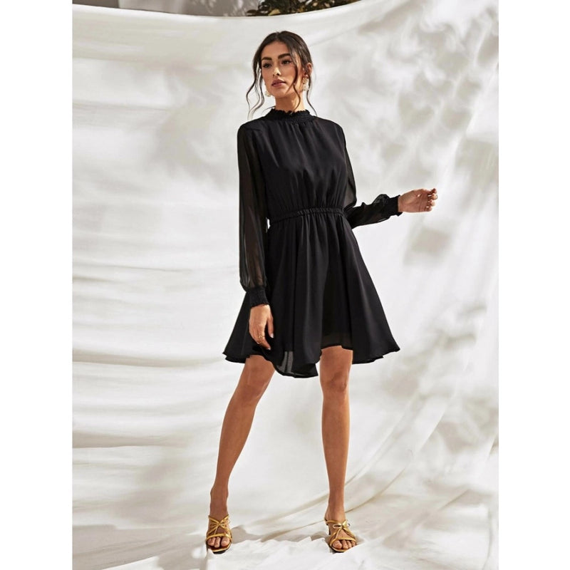 Mayawye Women's Fox Georgette Solid High Neck Full Sleeve Dress (Black)