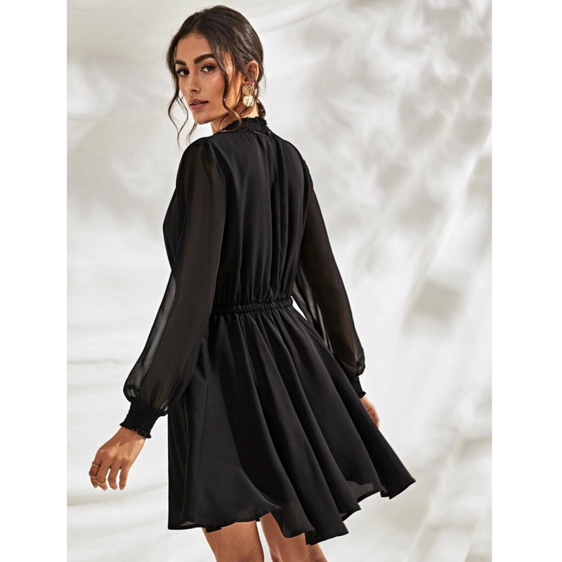 Mayawye Women's Fox Georgette Solid High Neck Full Sleeve Dress (Black)