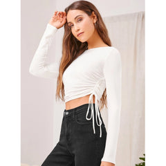 Mayawye Women's Polyester Solid Round Neck Full Sleeve Top (White)