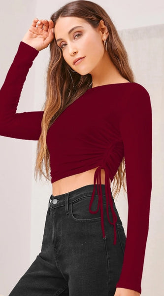 Mayawye Women's Polyester Solid Round Neck Full Sleeve Top (Maroon)