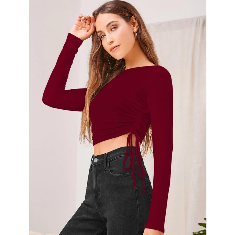 Mayawye Women's Polyester Solid Round Neck Full Sleeve Top (Maroon)