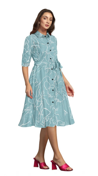 Mayawye Women's Ruby Cotton Printed Shirt Collar 3-4th Sleeve Dress (Pista)