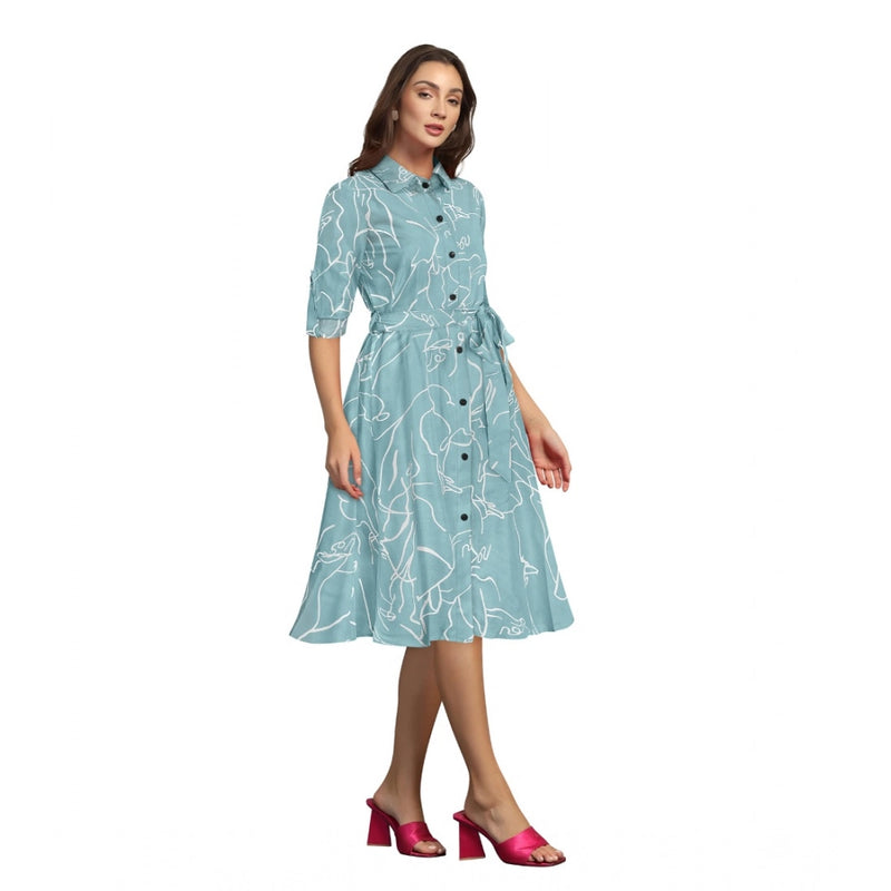Mayawye Women's Ruby Cotton Printed Shirt Collar 3-4th Sleeve Dress (Pista)