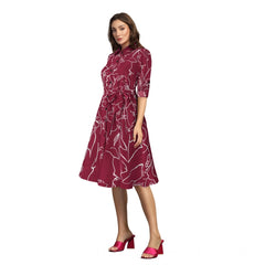 Mayawye Women's Ruby Cotton Printed Shirt Collar 3-4th Sleeve Dress (Maroon)