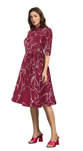 Mayawye Women's Ruby Cotton Printed Shirt Collar 3-4th Sleeve Dress (Maroon)