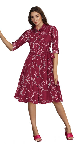 Mayawye Women's Ruby Cotton Printed Shirt Collar 3-4th Sleeve Dress (Maroon)