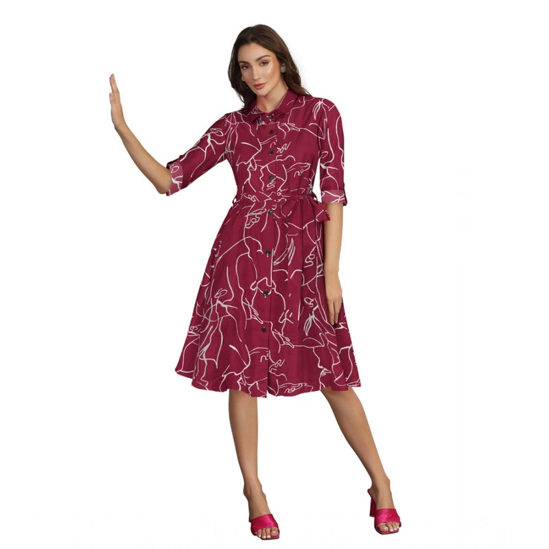 Mayawye Women's Ruby Cotton Printed Shirt Collar 3-4th Sleeve Dress (Maroon)
