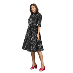 Mayawye Women's Ruby Cotton Printed Shirt Collar 3-4th Sleeve Dress (Black)