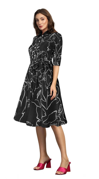 Mayawye Women's Ruby Cotton Printed Shirt Collar 3-4th Sleeve Dress (Black)